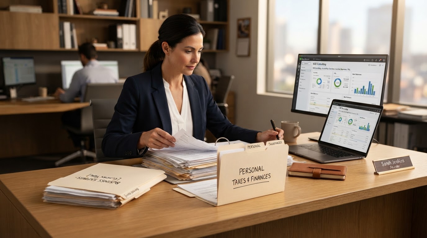 A professional business owner at a clean desk separating stacks of personal and business financial documents into two clearly labeled folders