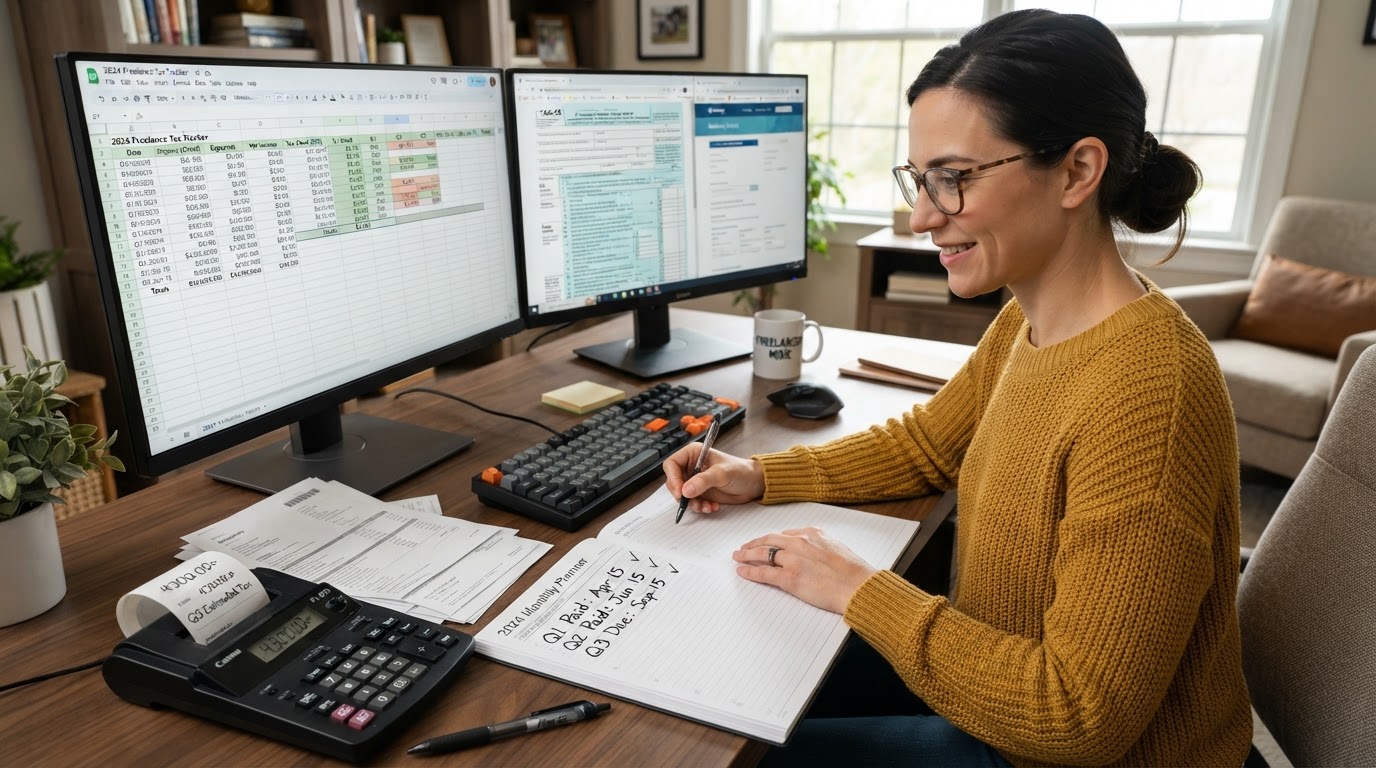 A freelancer tracking quarterly estimated tax payments on a calendar and spreadsheet