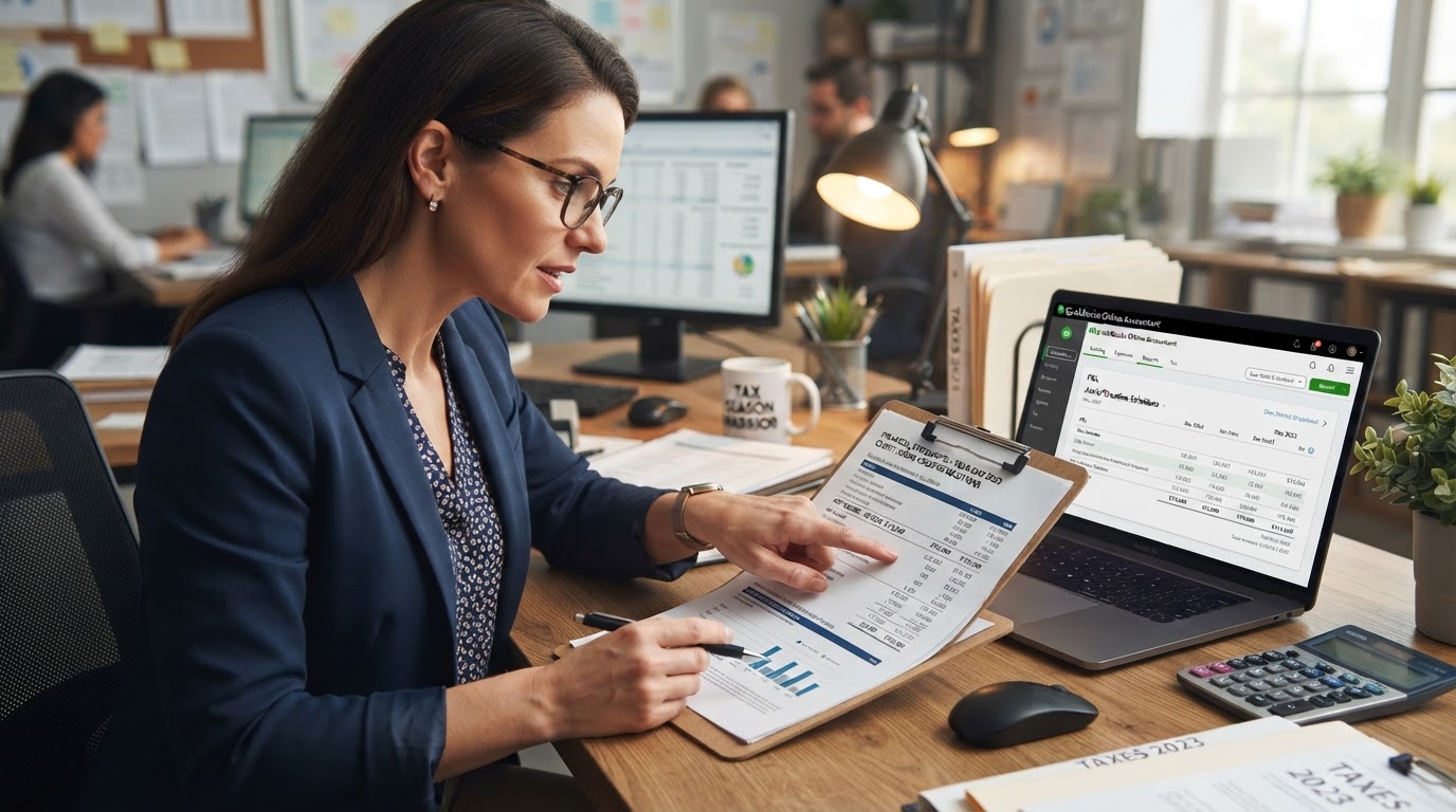 A professional accountant pointing at a clean printed financial report on a desk next to a laptop running QuickBooks Online