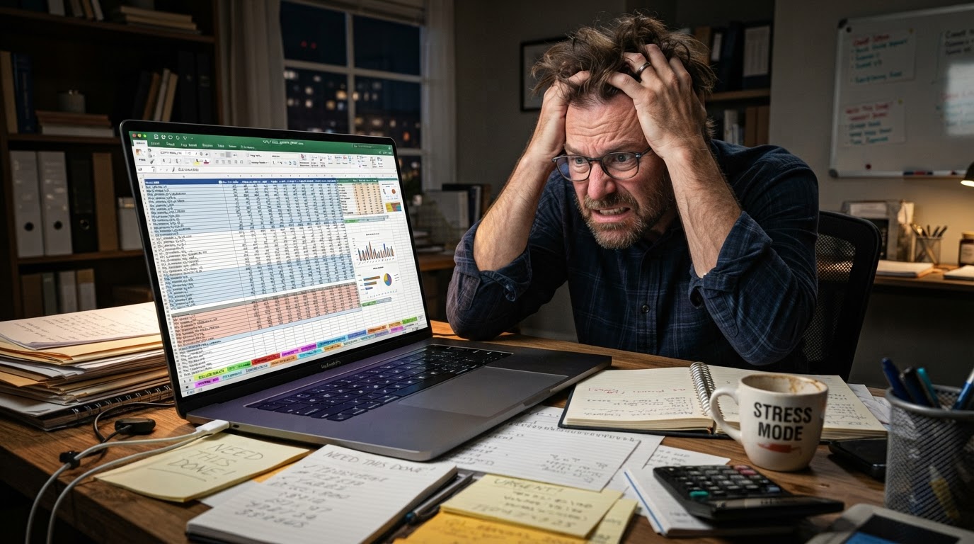 A business owner overwhelmed by a laptop screen displaying a massive Excel workbook with fourteen tangled color coded tabs