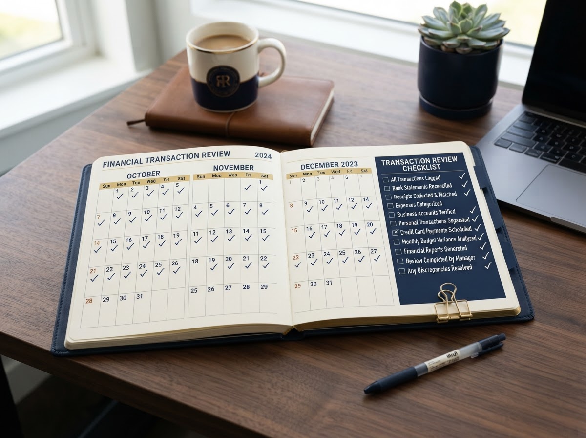 Calendar showing three months with each day marked for transaction review and a checklist with checkmarks