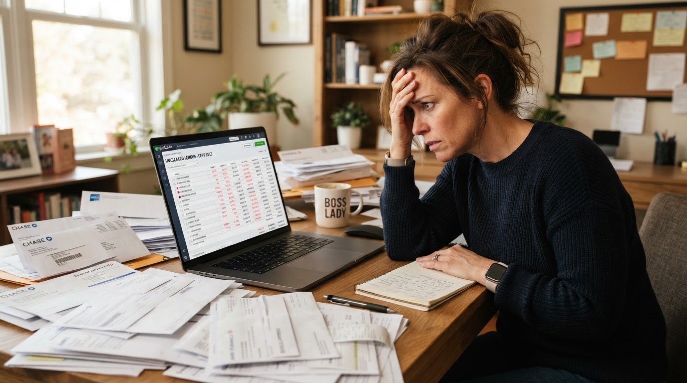 A stressed small business owner at a modern desk staring at a laptop showing a chaotic never reconciled accounting ledger