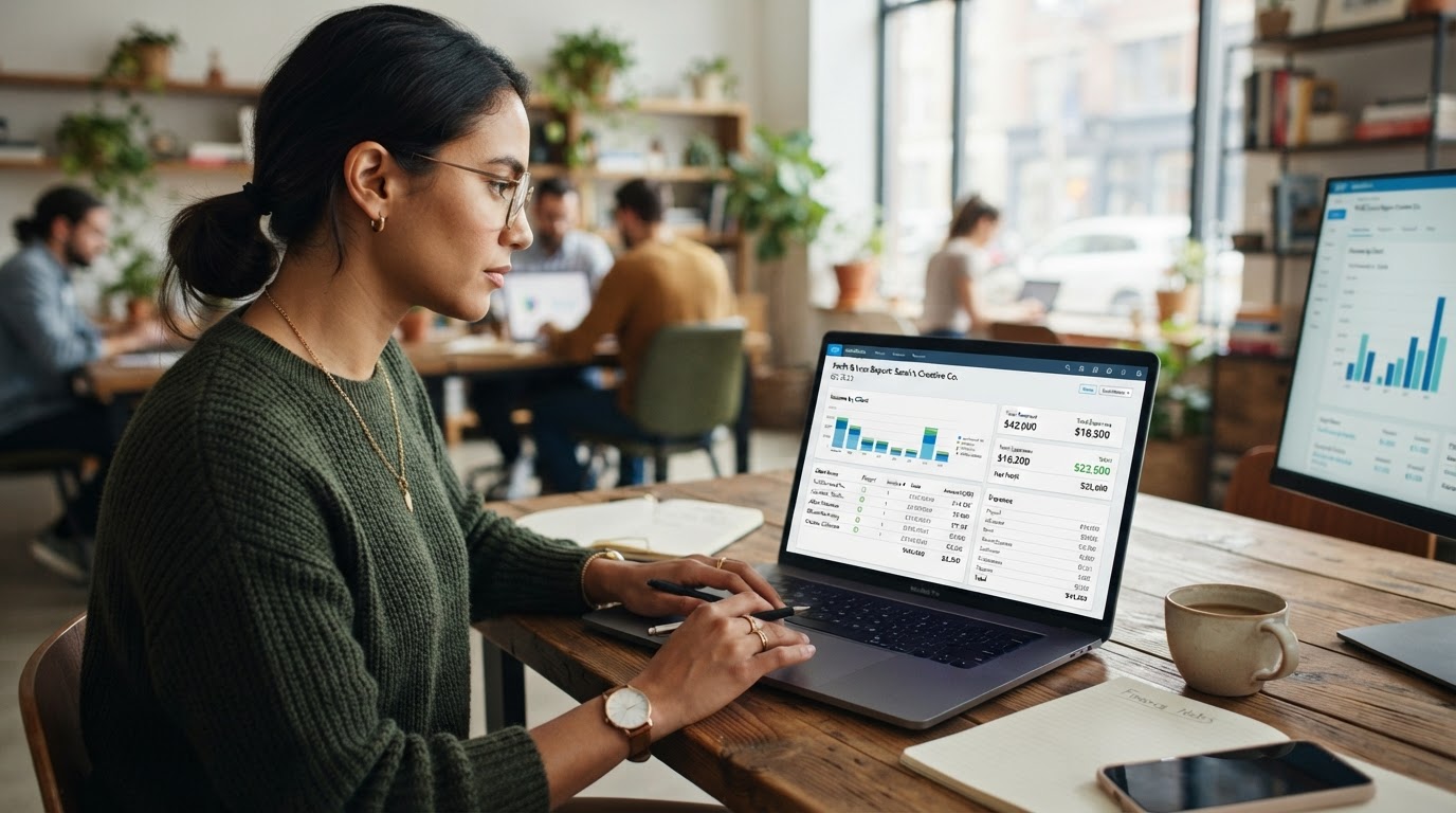 A freelancer reviewing a profit and loss report on a laptop showing income by client