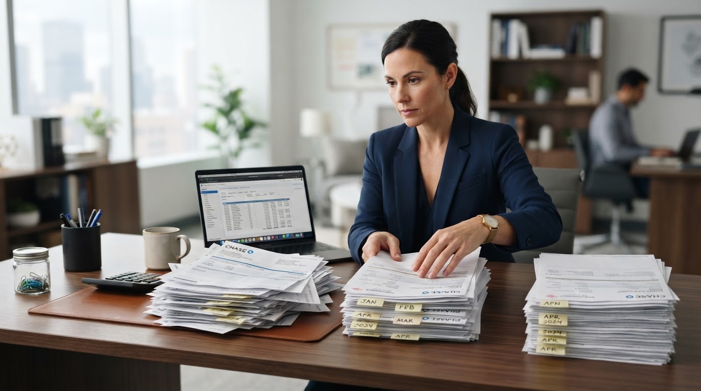 A business owner organizing a messy stack of bank statements chronologically by month on a clean modern desk