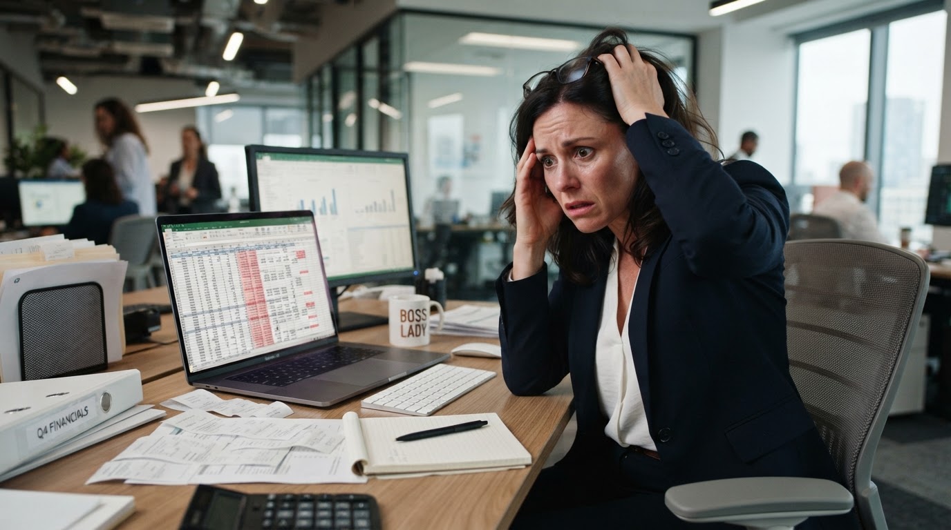 A stressed business owner staring at a chaotic, out-of-control Excel spreadsheet on a laptop screen with hundreds of unorganized columns and rows