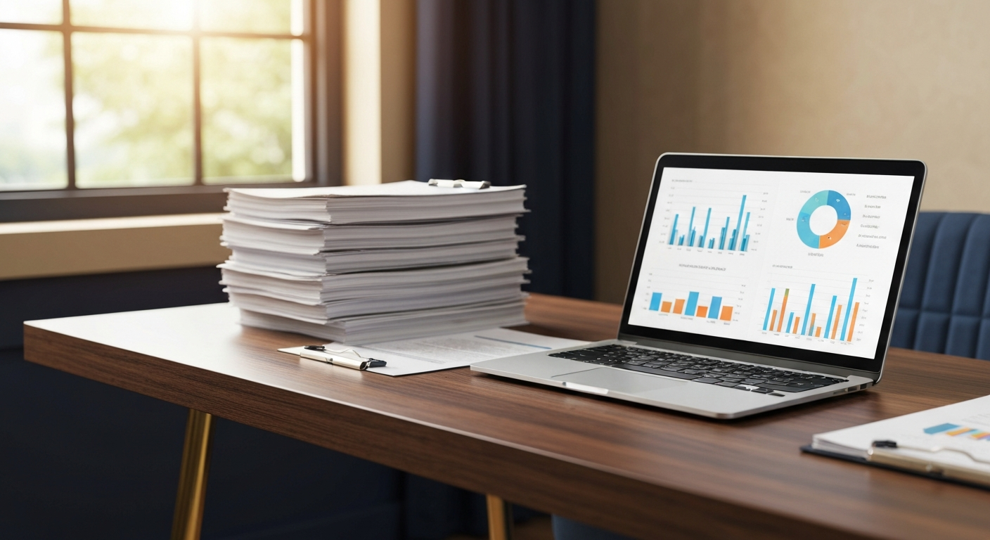 A professional accounting desk with a neat stack of financial documents next to a modern laptop displaying clean charts.