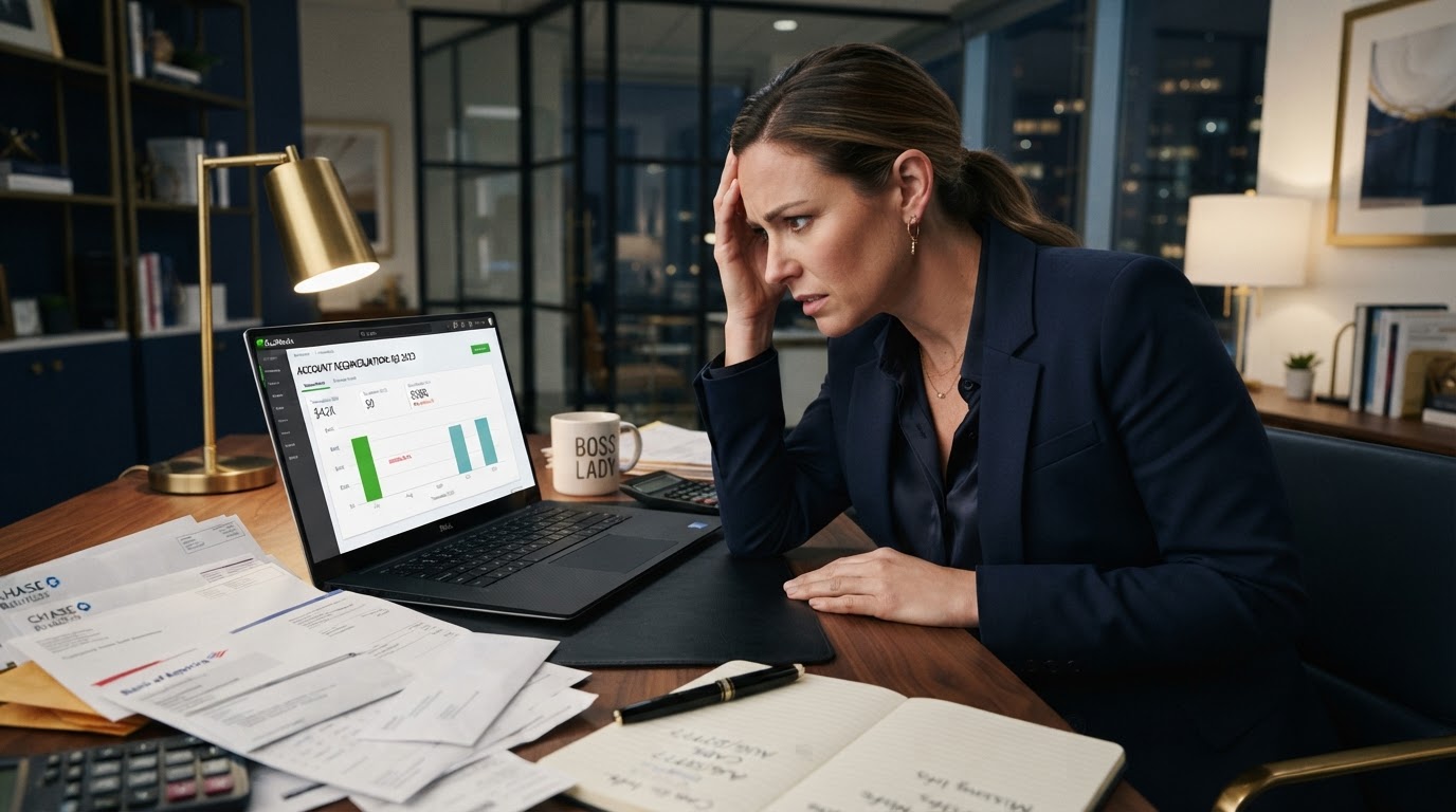 Stressed business owner at a desk staring at a laptop showing a three-month gap in financial transactions