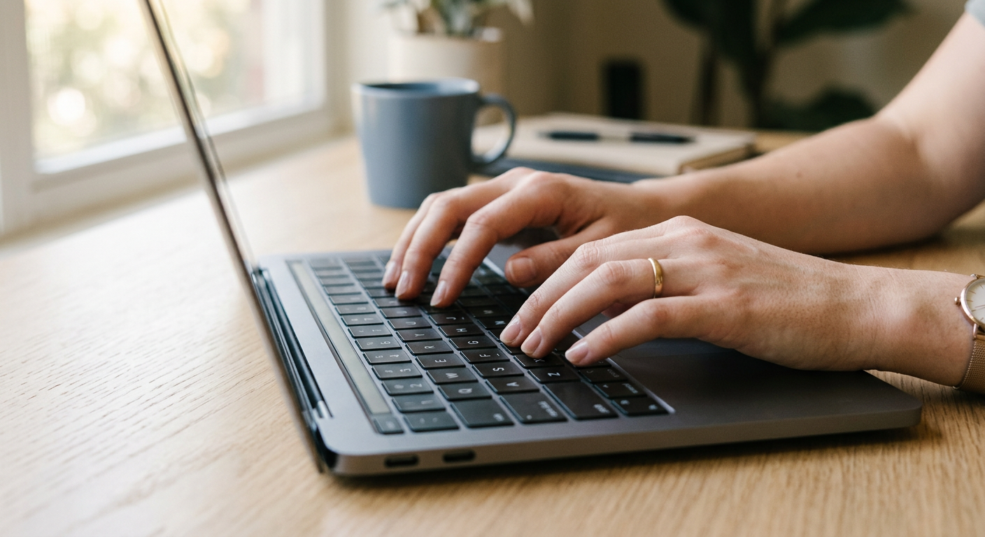 Hands typing on a laptop with a blue mug