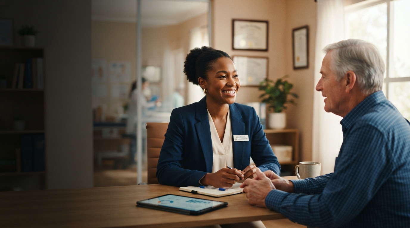 Young professional Black woman in a navy suit with an Azile Medical badge, smiling and talking with a gentleman in a modern healthcare office