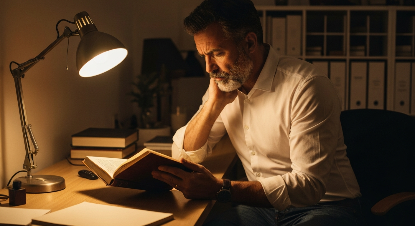 thoughtful man reading book desk