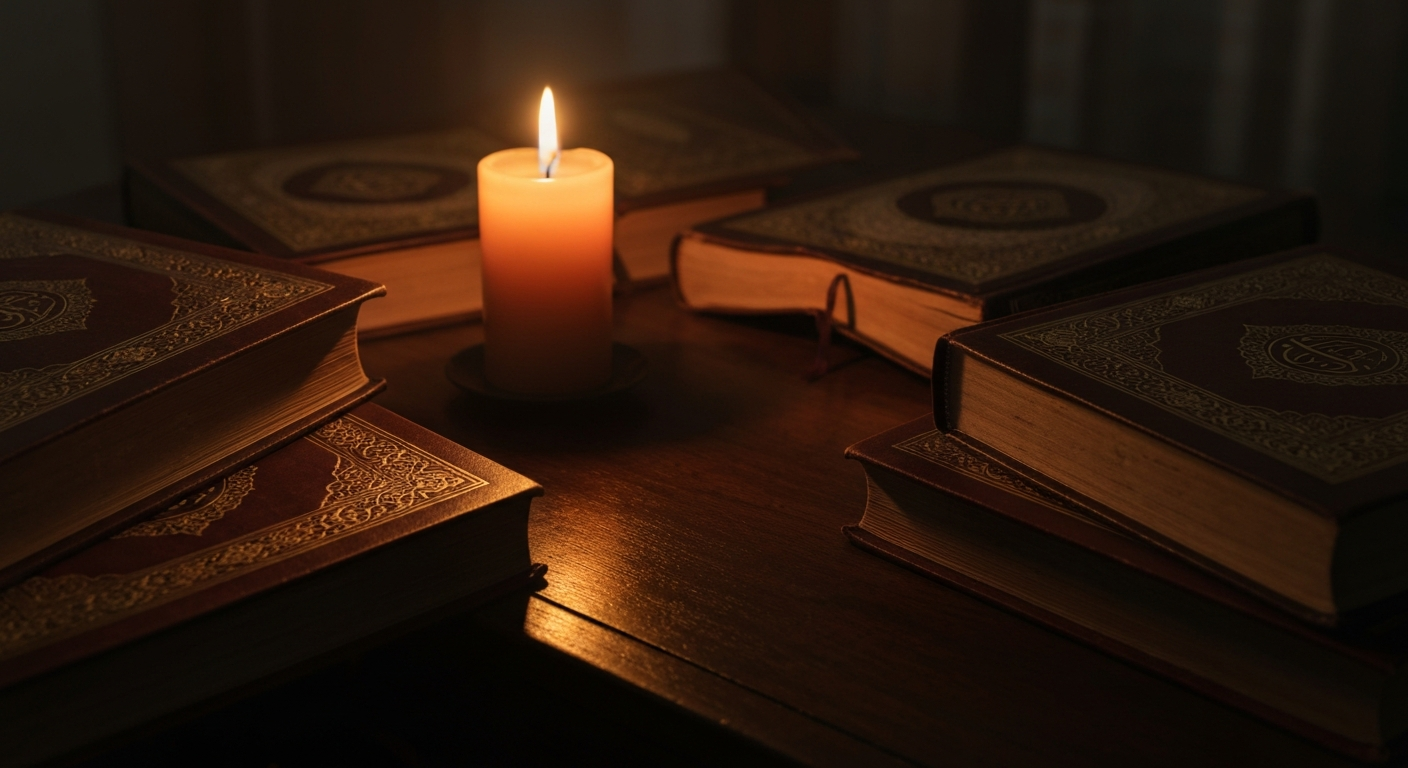 old books candle Islamic study desk
