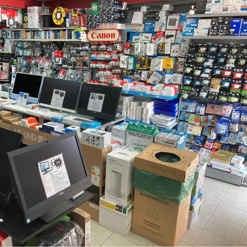 Store interior showing electronics shelves