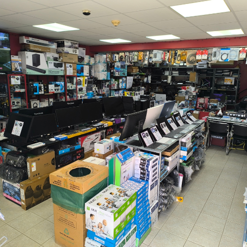 Store interior showing product shelves