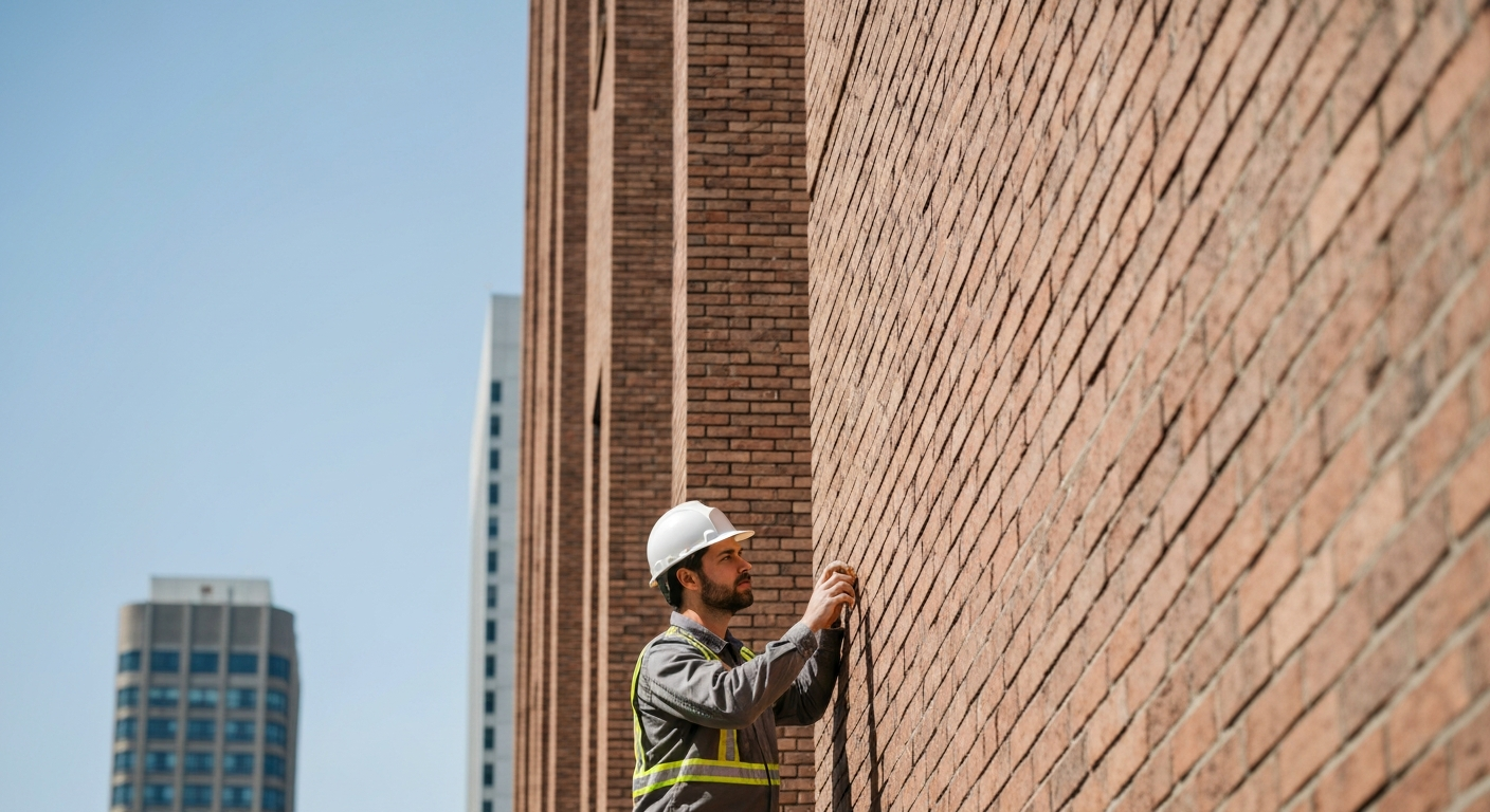 Ingénieur professionnel inspectant la façade d'un haut bâtiment en briques
