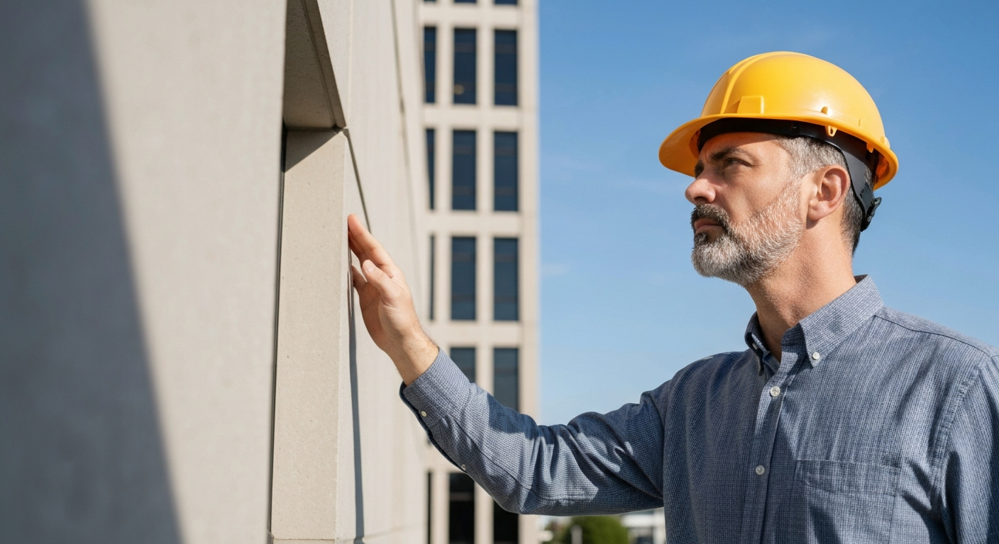 Inspecteur en bâtiment professionnel examinant un grand immeuble de bureaux commercial - Inspection de bâtiment Montréal et Grand Montréal