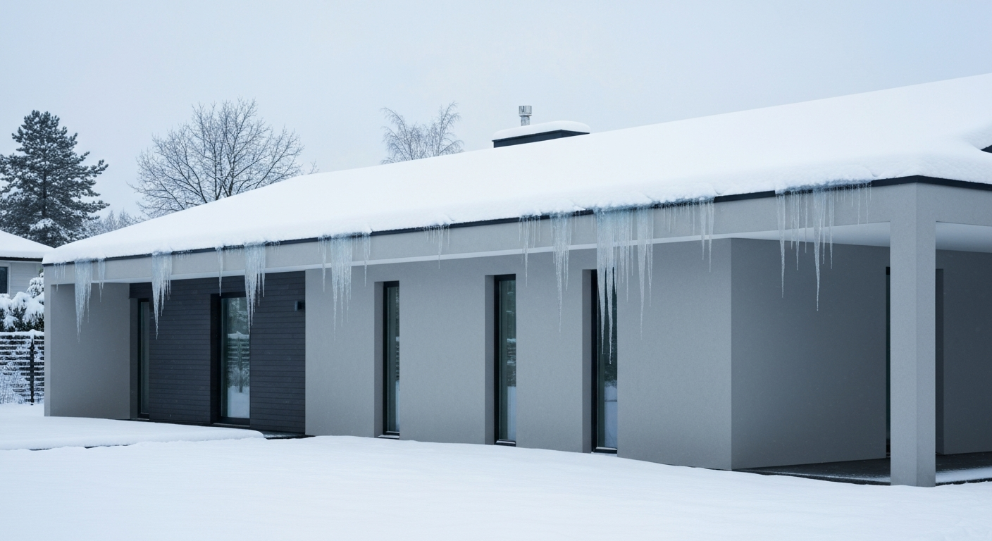 Extérieur d'une maison moderne recouverte de neige hivernale et de glaçons