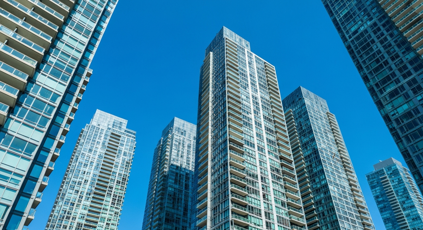 Vue vers le haut de grands immeubles de condos modernes contre un ciel bleu