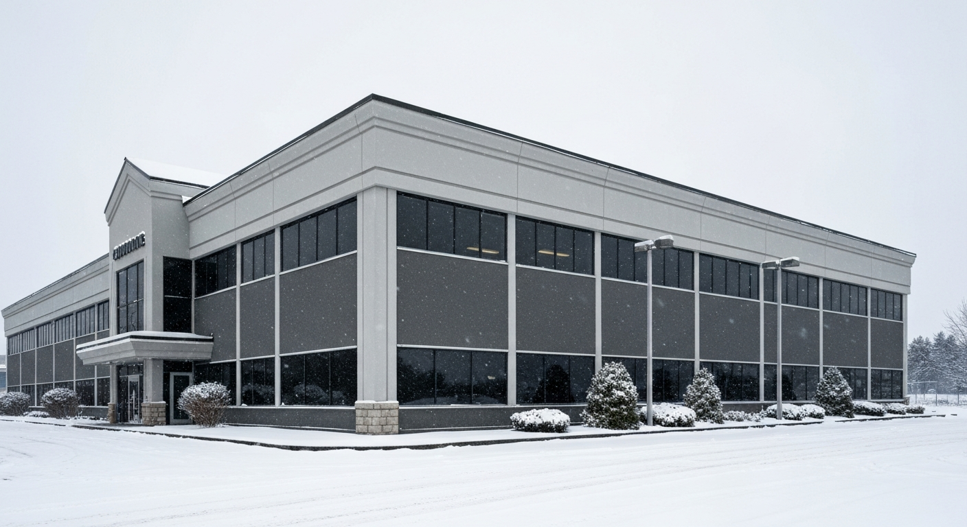 Extérieur d'un grand bâtiment commercial entouré de neige hivernale profonde
