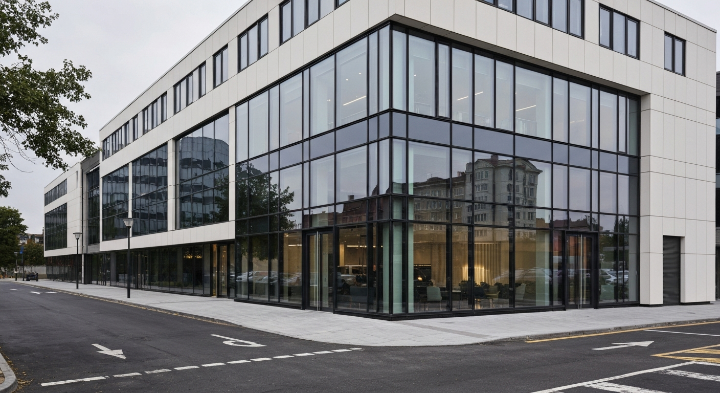 Extérieur d'un bâtiment immobilier commercial moderne avec façade en verre