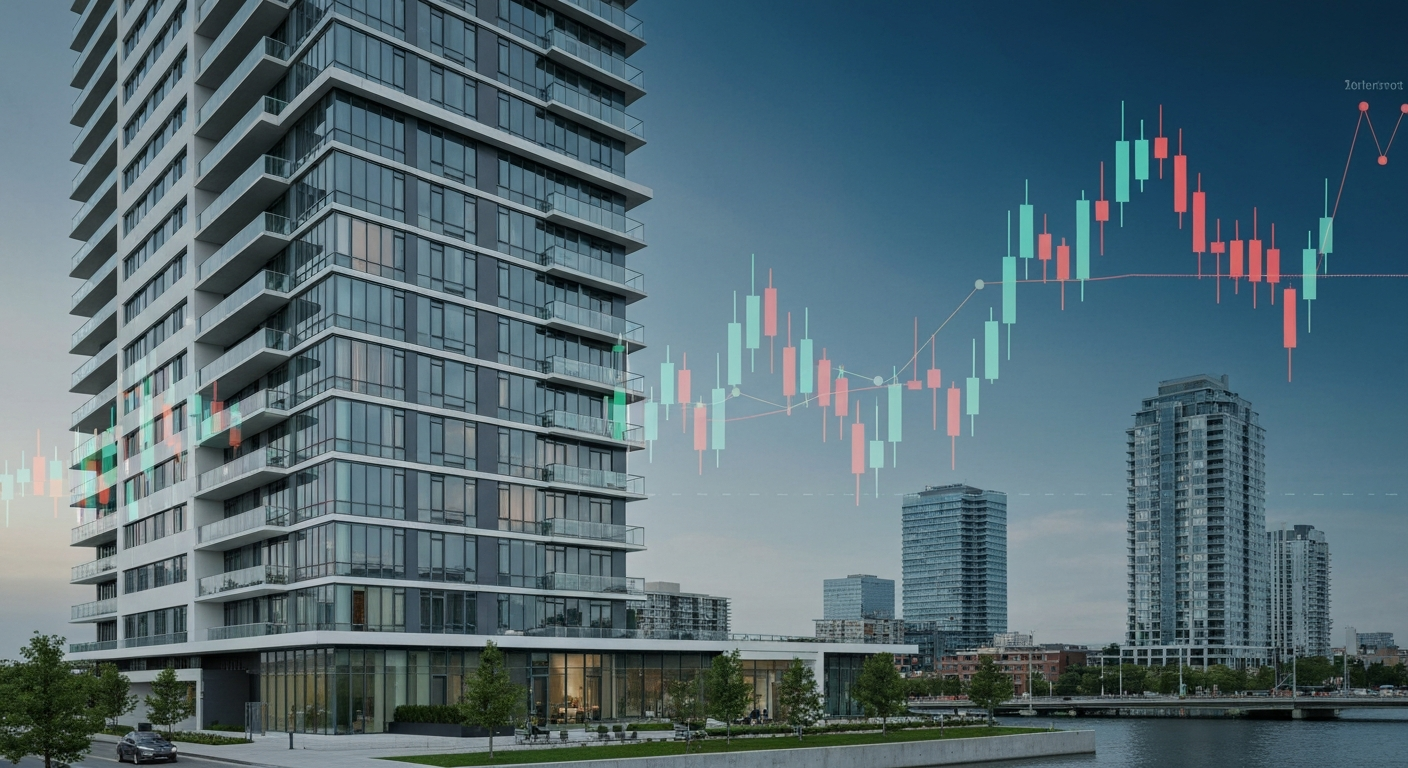 Extérieur d'un immeuble de condos moderne avec des graphiques de planification financière