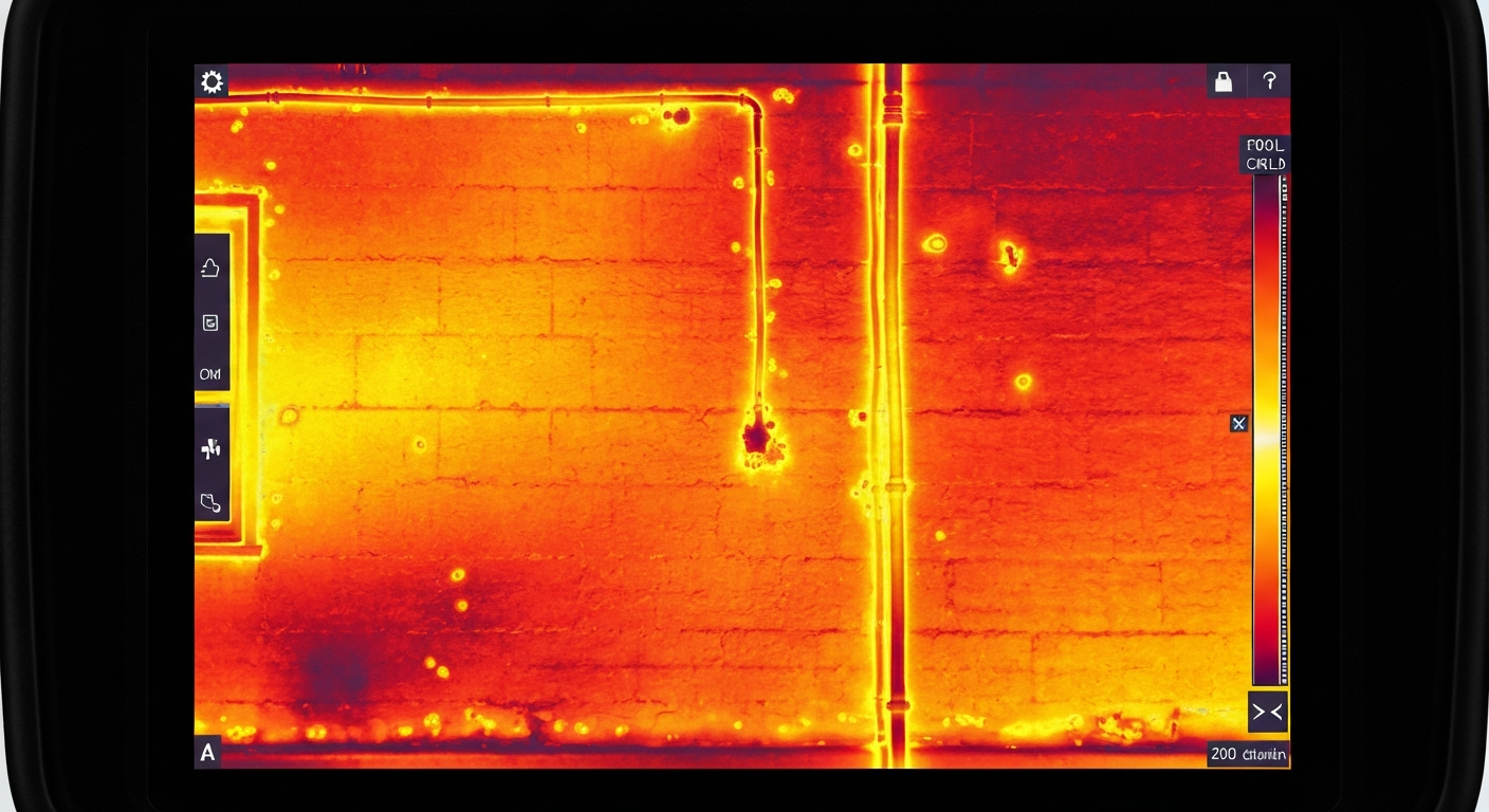 Écran de caméra d'imagerie thermique infrarouge affichant une carte thermique du mur d'une maison