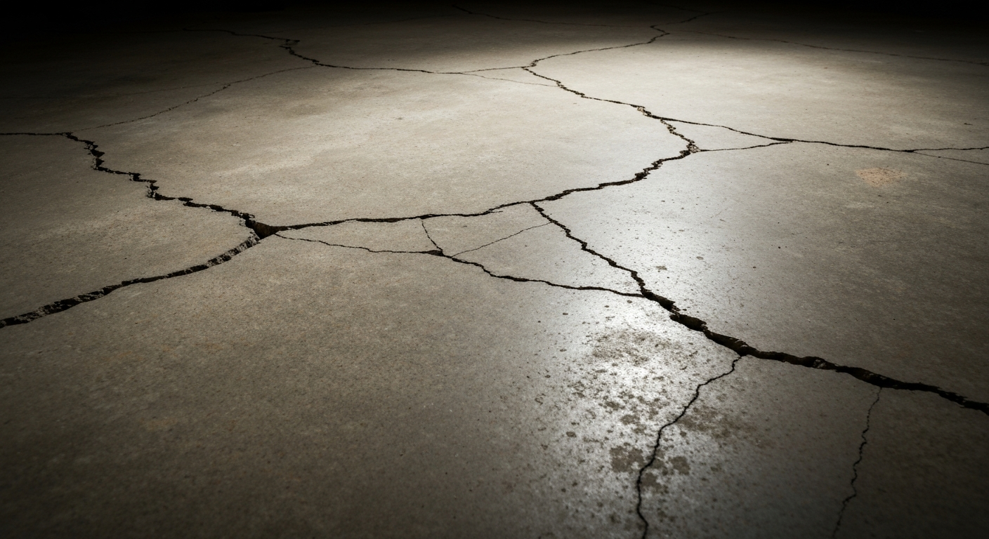 Gros plan d'un plancher de sous-sol en béton fissuré montrant les dommages causés par la pyrite, inspecté par un inspecteur en bâtiment certifié