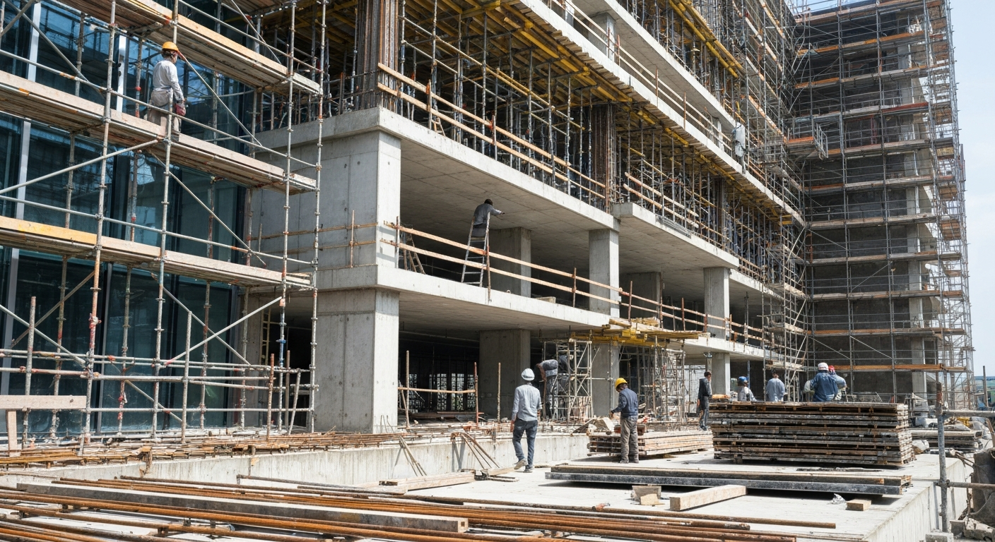 Chantier de construction de bâtiments modernes avec échafaudages et nouveaux matériaux