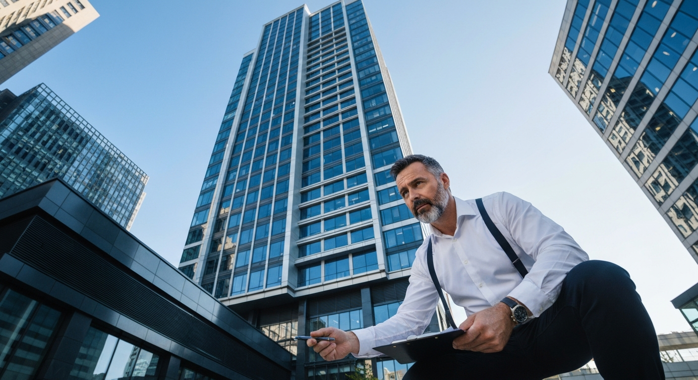 Inspecteur en bâtiment professionnel examinant un grand immeuble de bureaux commerciaux