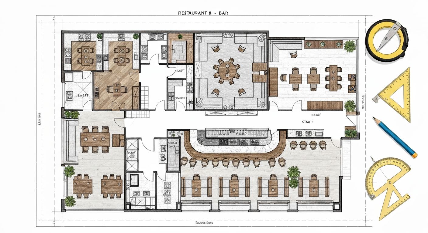 Plan architectural détaillé de l'aménagement d'un restaurant et d'un bar
