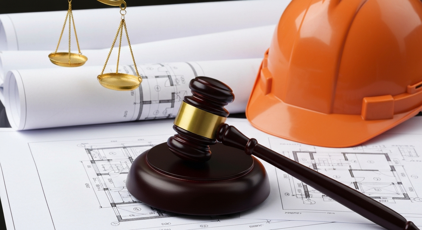 Marteau légal reposant sur des plans architecturaux et un casque de sécurité