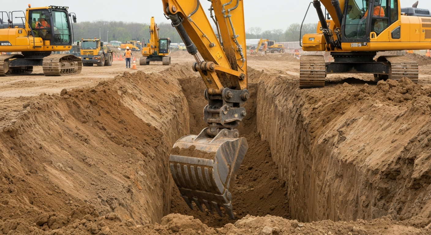 Chantier de construction avec de la machinerie lourde effectuant l'excavation du sol