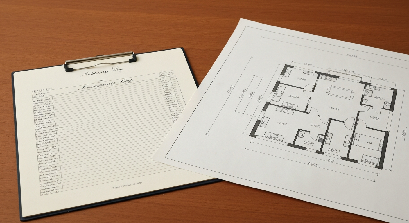 Carnet d'entretien détaillé et plans architecturaux sur le bureau d'un gestionnaire immobilier
