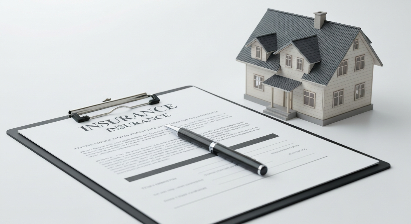 Documentation d'assurance et un stylo reposant sur un presse-papiers à côté d'un modèle de maison