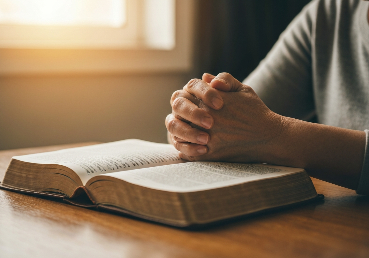 Hands folded over Bible