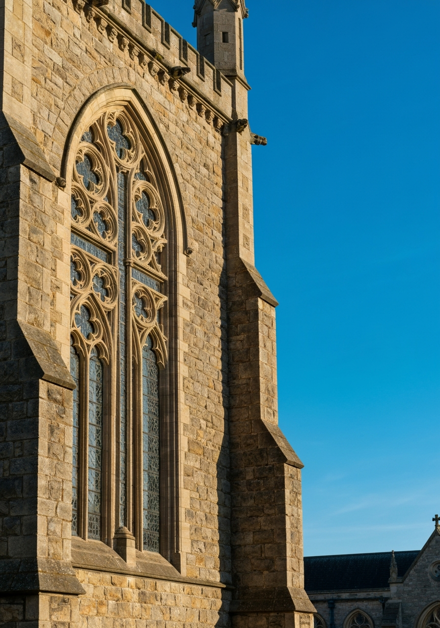 Stone church wall with cross window