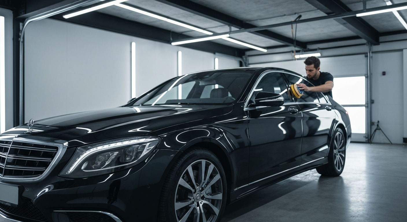 Detailer polishing a car