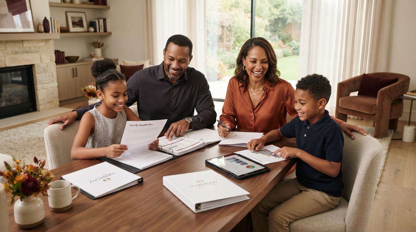 A Black family reviewing financial plans together at home