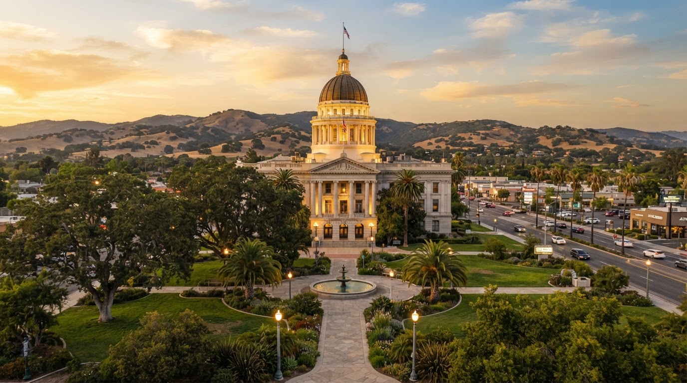 Atascadero Sunken Gardens and historic City Hall dome at golden hour