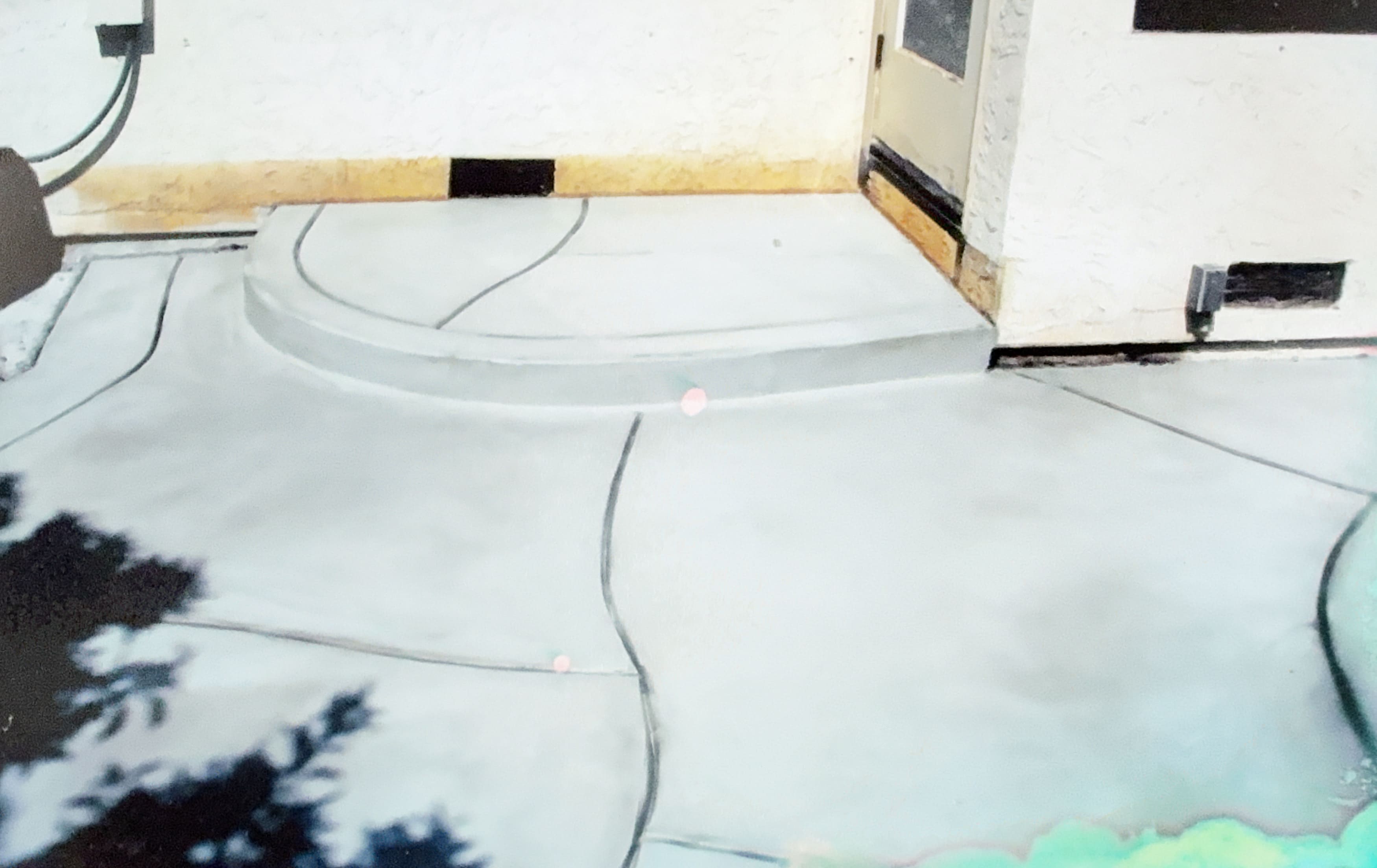 Freshly poured concrete patio with curved step leading to a door