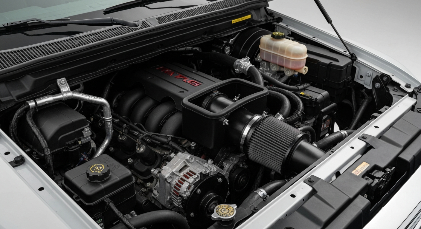 Diesel truck engine bay with performance intake and engine components