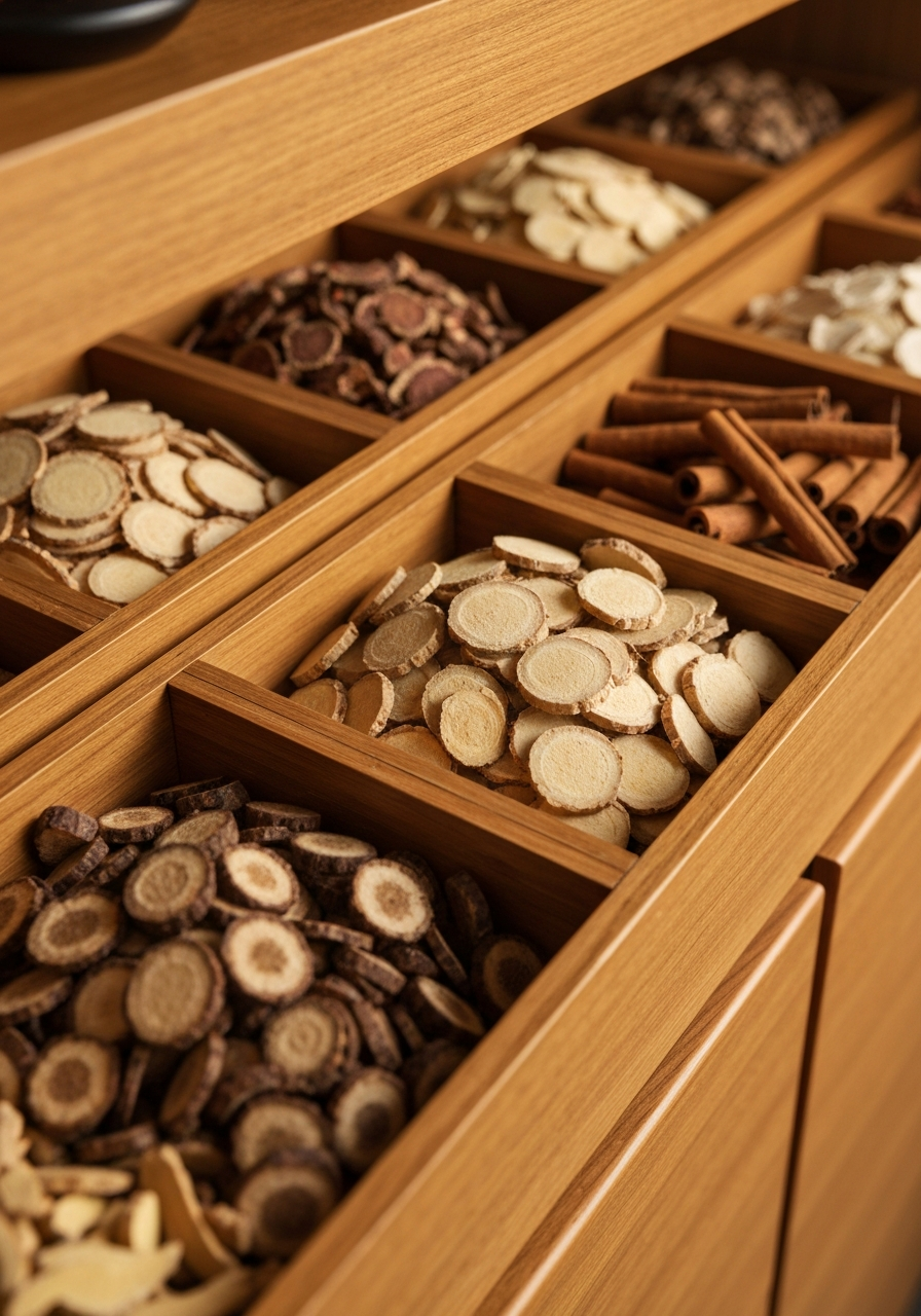 Traditional Chinese herbal medicine cabinet at Samdae clinic in Epping
