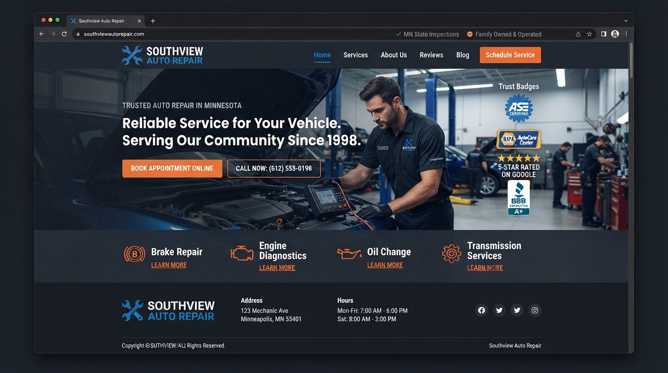 Southview Auto Repair auto repair website demo designed by PG Solution — desktop experience