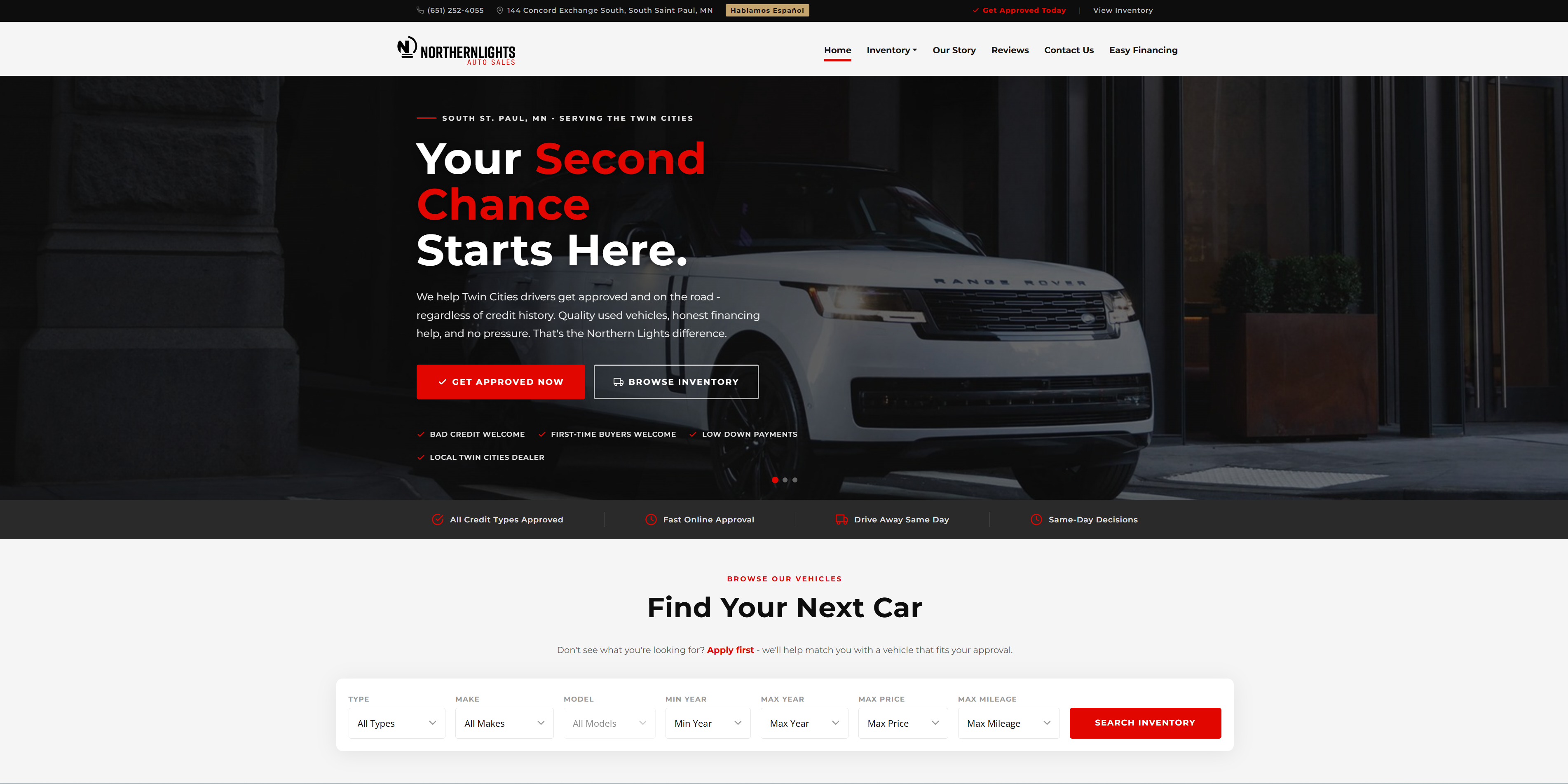 Northern Lights Auto Sales website designed by PG Solution showing automotive financing and inventory experience