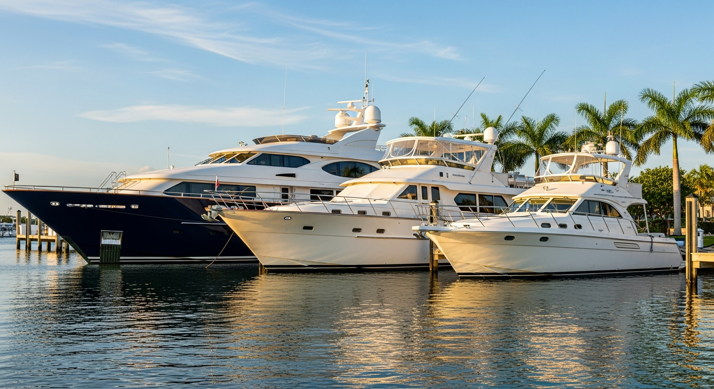 Three gleaming motor yachts of varying sizes berthed in a row at a pristine South Florida marina, late afternoon golden light reflecting off the hulls
