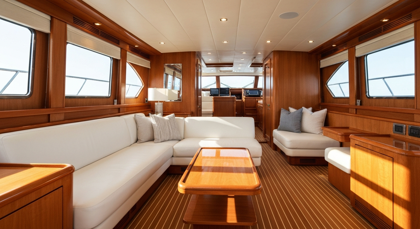 Beautifully appointed yacht salon interior with gleaming teak joinery, pristine white upholstery, and warm South Florida light streaming through the port windows