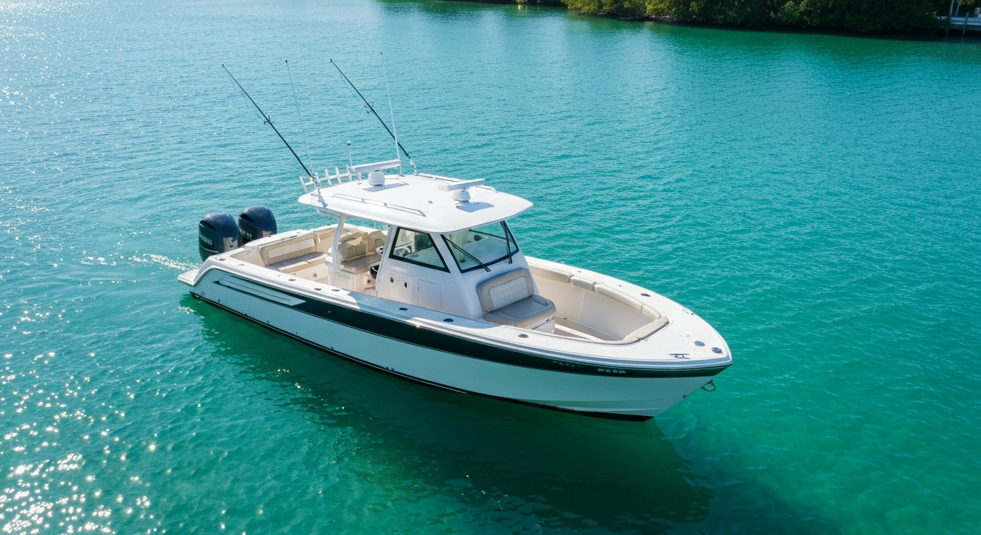 A gleaming 38 foot center console boat on crystal clear turquoise South Florida water