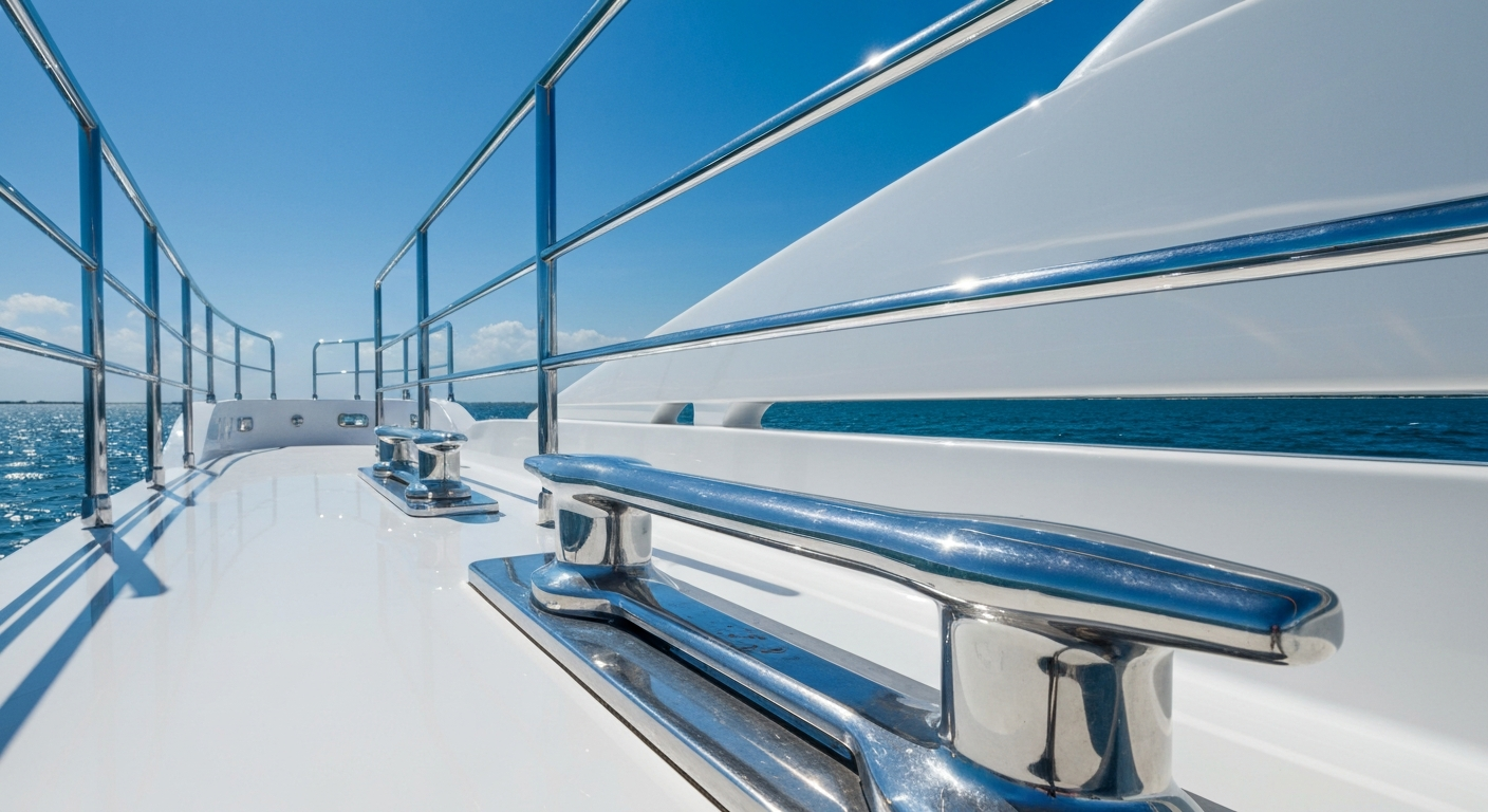 Gleaming mirror-polished stainless steel cleats and railings on a pristine white yacht deck, South Florida blue sky reflected in the metal