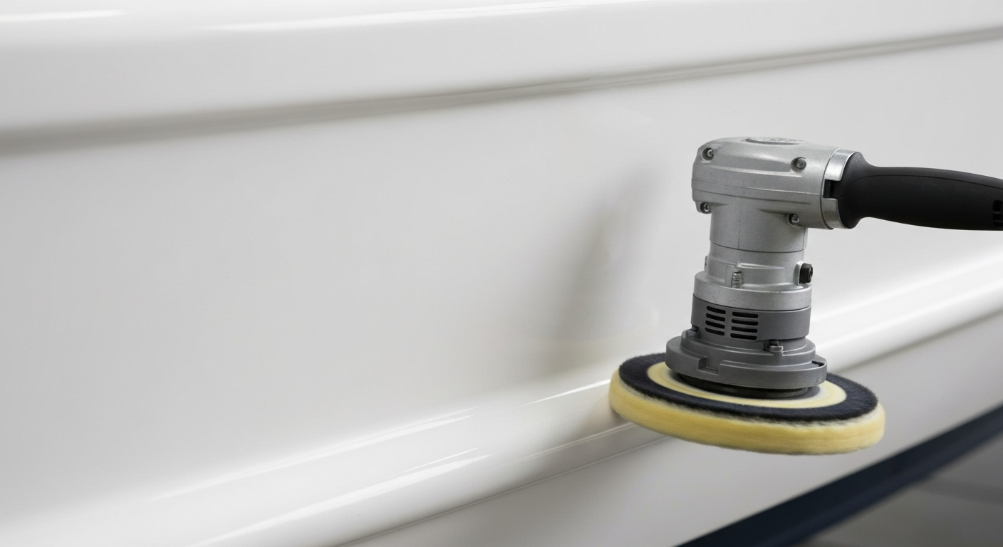 Close up of a professional buffer making contact with a gleaming white hull surface