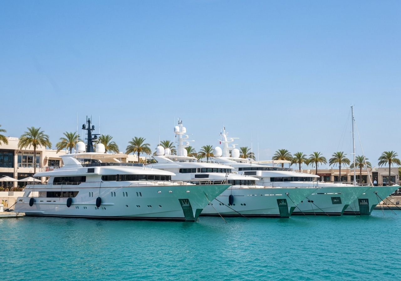 Multiple gleaming superyachts lined up perfectly at a luxury marina