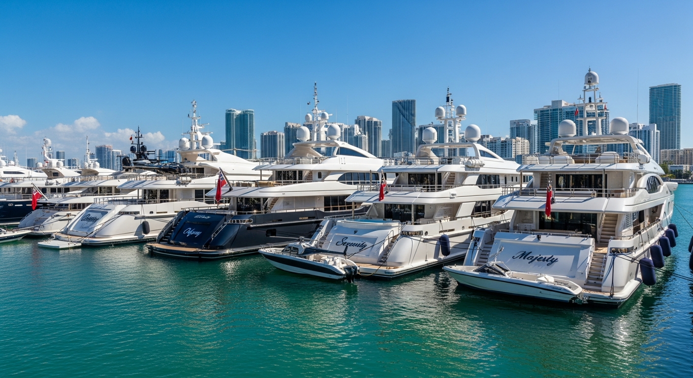 A highly realistic photograph of multiple luxury superyachts docked at a South Florida marina, with the Miami or Aventura skyline visible in the background.